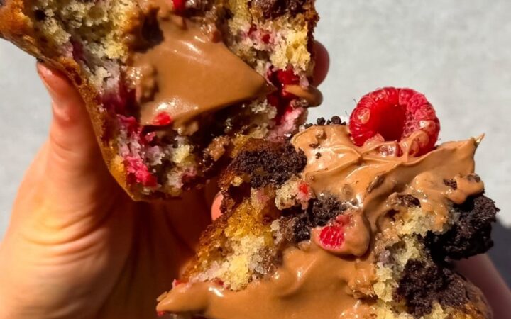 soft and moist banana muffins with raspberries