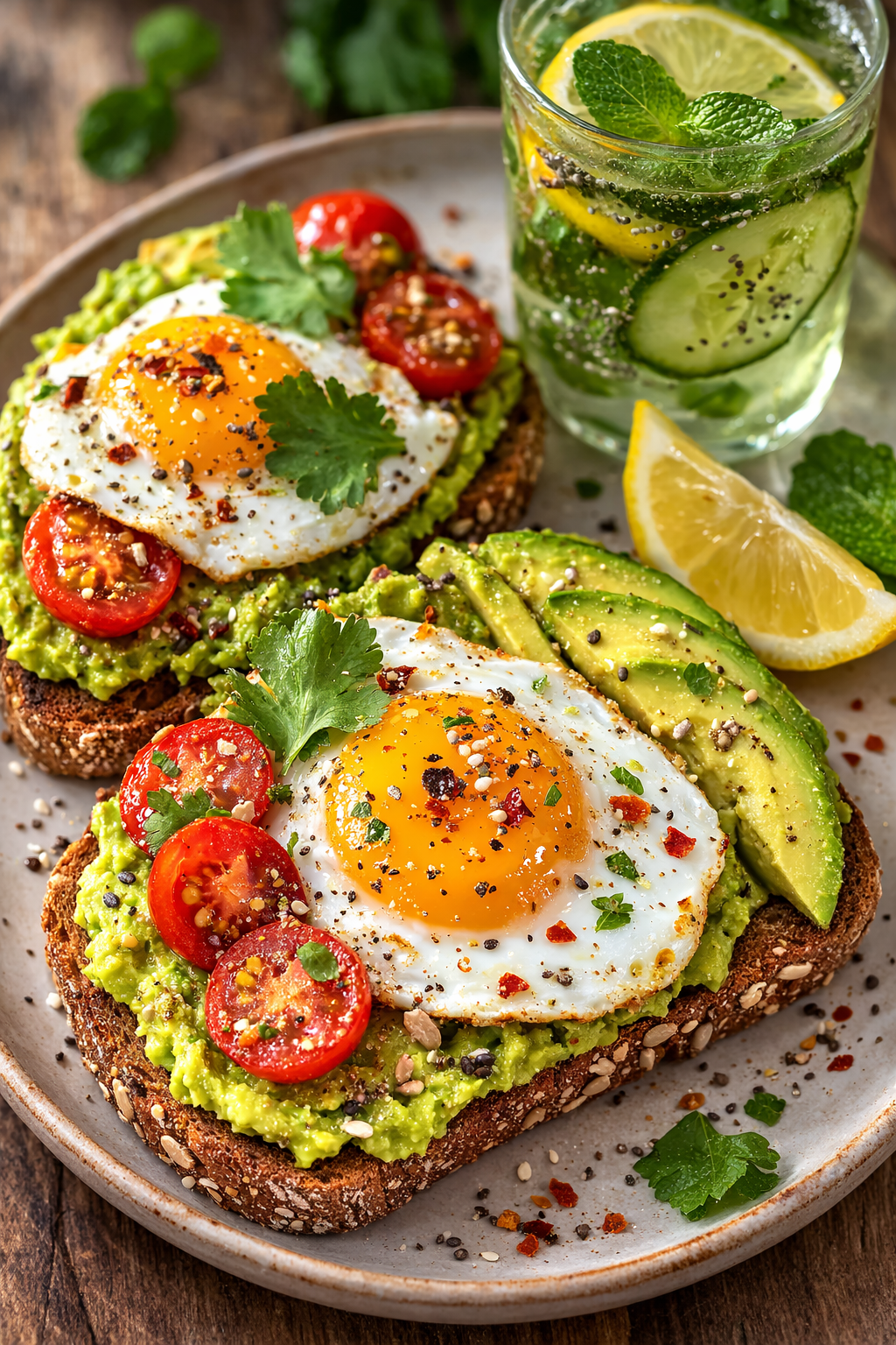 Avocado Toast with Fried Eggs, Tomatoes and Cucumber on a Plate