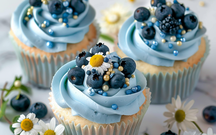 blueberry cupcakes with blue frosting