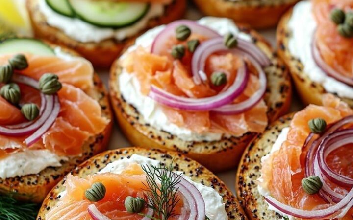 bagel brunch board with smoked salmon