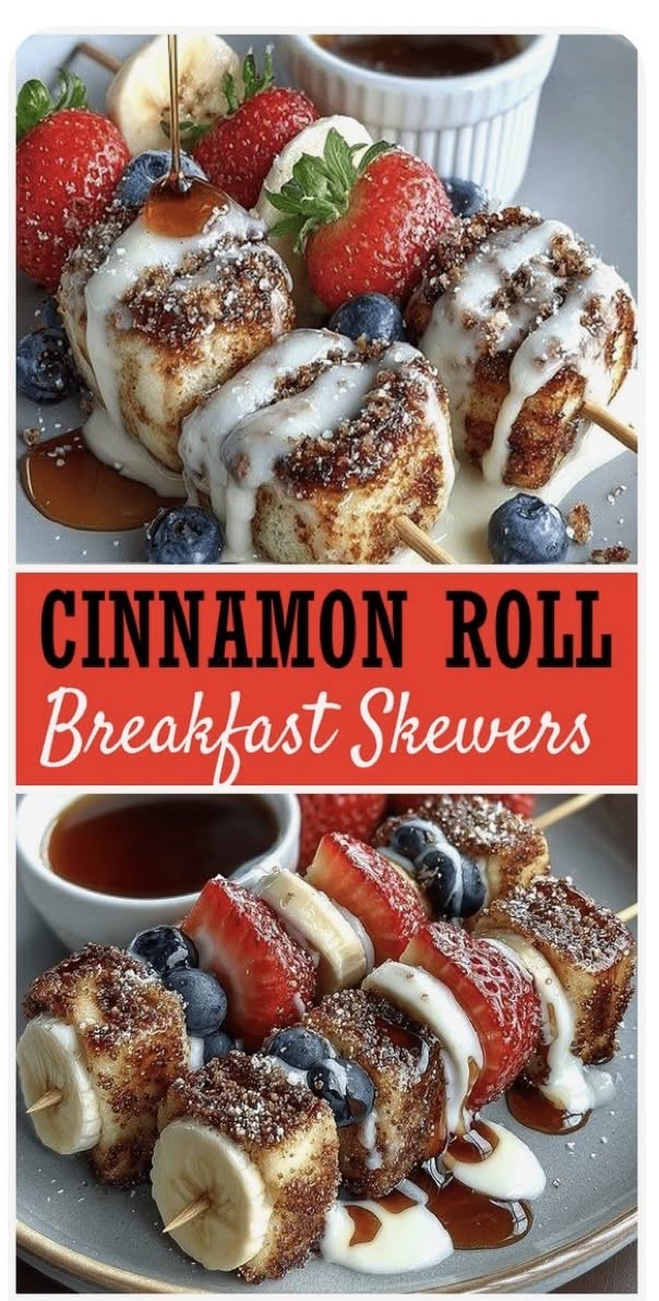 Cinnamon Roll Breakfast Skewers with Fruit and Syrup